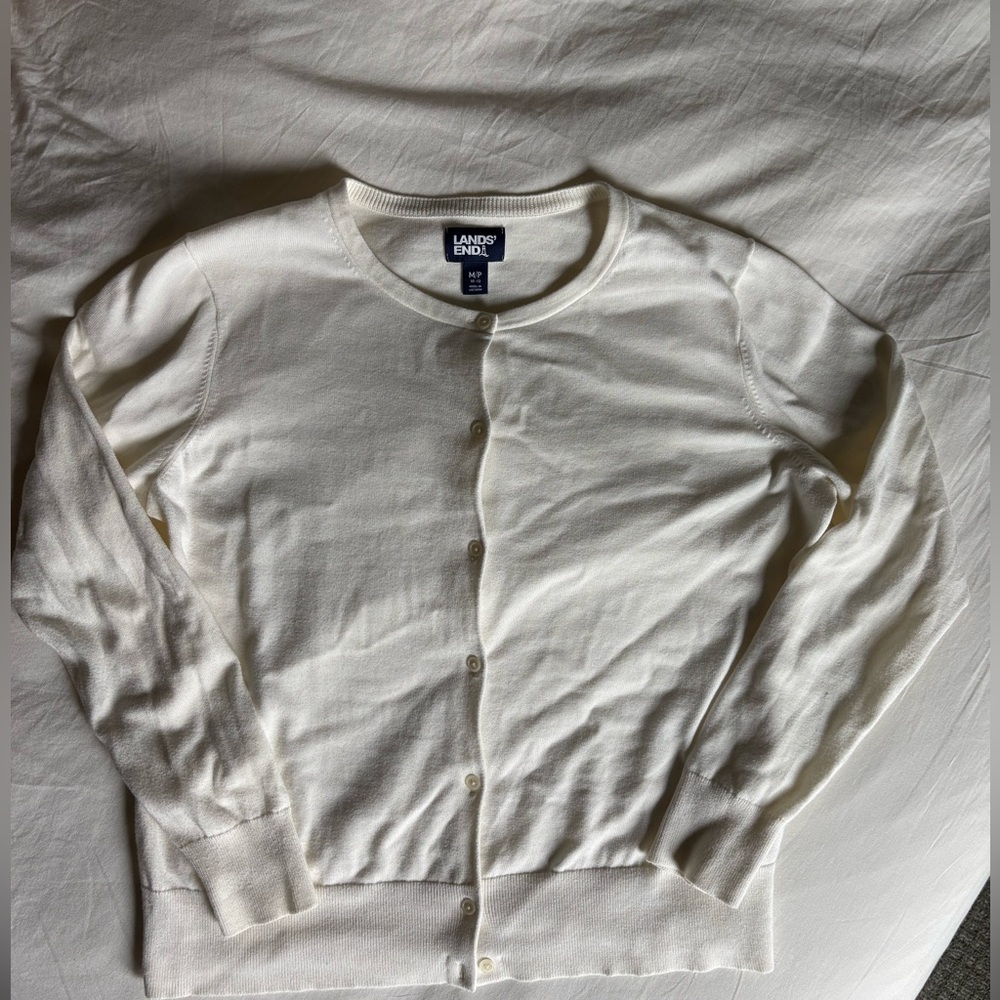 Lands’ End Medium Petite Cream 100% Cotton Cardigan